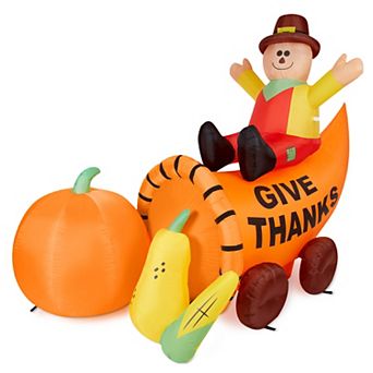 7FT Long Scarecrow Sitting on Bountiful Cornucopiay Thanksgiving Inflatable Decoration