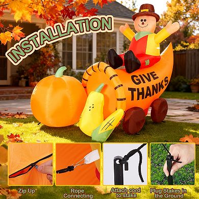 7FT Long Scarecrow Sitting on Bountiful Cornucopiay Thanksgiving Inflatable Decoration