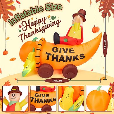 7FT Long Scarecrow Sitting on Bountiful Cornucopiay Thanksgiving Inflatable Decoration