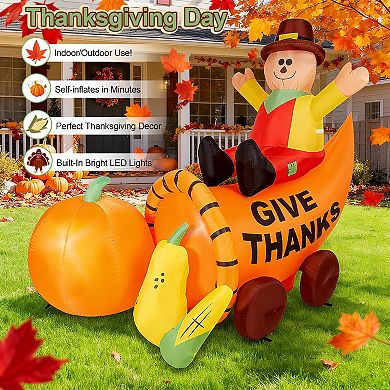 7FT Long Scarecrow Sitting on Bountiful Cornucopiay Thanksgiving Inflatable Decoration