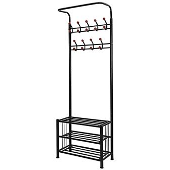 Metal Entryway Coat Shoe Rack Hall Tree w/ 3 tier Shoe Bench Shoe Storage 18 Hooks Coat Hat Rack