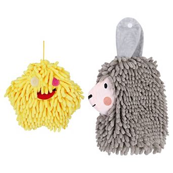 Cute Cartoon Fuzzy Ball Towels, 2 pc Soft Absorbent Chenille Decorative Hanging Towels 7"x11"&7"x7"
