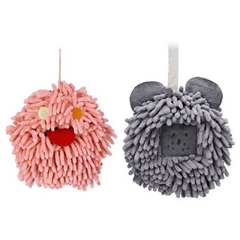 2 pc Chenille Fuzzy Ball Hand Towels Set, Cute Decorative Hanging Absorbent Towels for Bath 7"x7"