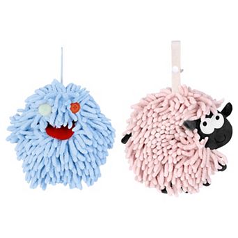 Chenille Hand Towels with Hanging Loop, 2 pc Funny Bathroom Absorbent Fast Drying Towel Set 7"x7"