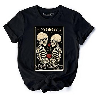 Skeleton The Lovers T-Shirt, Tarot Card Gothic Moon Phases Rose Tee