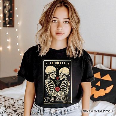 Skeleton The Lovers T-Shirt, Tarot Card Gothic Moon Phases Rose Tee