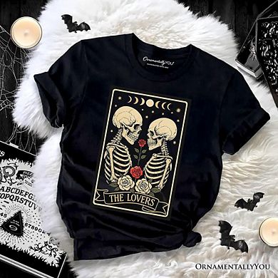 Skeleton The Lovers T-Shirt, Tarot Card Gothic Moon Phases Rose Tee