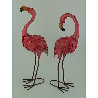 Set of 2 Decorative Metal Pink Flamingo Yard Statues
