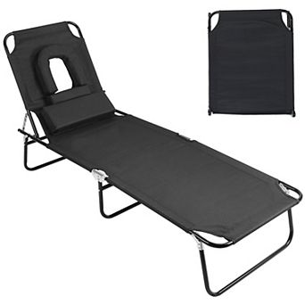 Folding Beach Lounge Chair Sunbathing Recliner with Face Down Opening & 5-Position Backrest