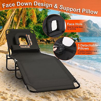 Folding Beach Lounge Chair Sunbathing Recliner with Face Down Opening & 5-Position Backrest