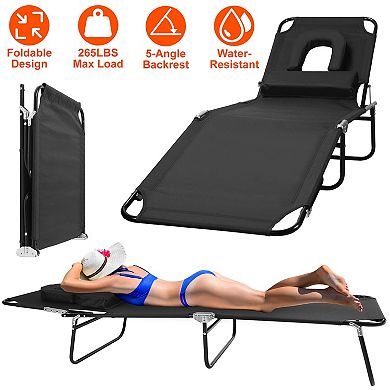 Folding Beach Lounge Chair Sunbathing Recliner with Face Down Opening & 5-Position Backrest