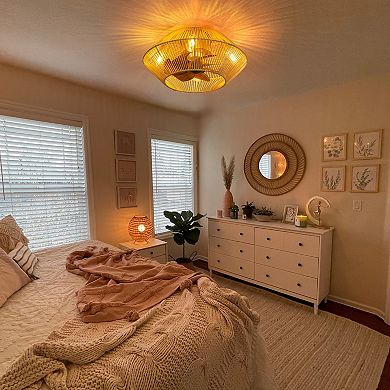 19 Inch indoor caged rattan fan, LED light, 7 ABS blades, 6-speed, DC motor, remote