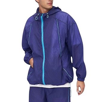 Men's Lightweight Full Zip Hooded Sun Protection Jacket with Contrast Trim and Relaxed Fit