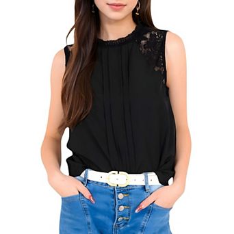 Women's Sleeveless Blouse with Lace Yoke and Pleated Front