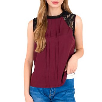 Women's Sleeveless Blouse with Lace Yoke and Pleated Front