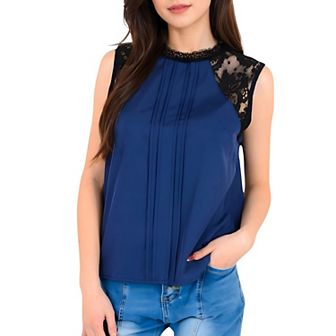 Women's Sleeveless Blouse with Lace Yoke and Pleated Front