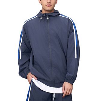 Men's Full Zip Hooded Jacket with Elastic Hem and Contrast Sleeve Stripes