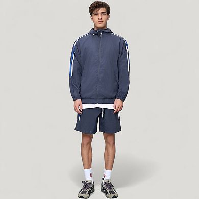 Men's Full Zip Hooded Jacket with Elastic Hem and Contrast Sleeve Stripes