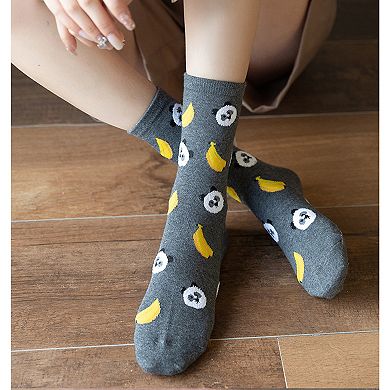 Women's 3 Pairs Socks with Cute Cartoon Fruit and Animal Patterns Soft Stretch Fabric Ribbed Cuffs