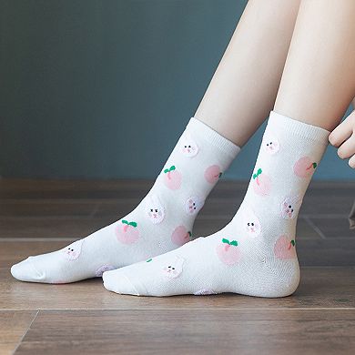 Women's 3 Pairs Socks with Cute Cartoon Fruit and Animal Patterns Soft Stretch Fabric Ribbed Cuffs