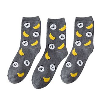 Women's 3 Pairs Socks with Cute Cartoon Fruit and Animal Patterns Soft Stretch Fabric Ribbed Cuffs