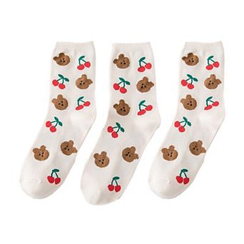 Women's 3 Pairs Socks with Cute Cartoon Fruit and Animal Patterns Soft Stretch Fabric Ribbed Cuffs