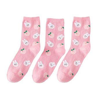 Women's 3 Pairs Socks with Cute Cartoon Fruit and Animal Patterns Soft Stretch Fabric Ribbed Cuffs