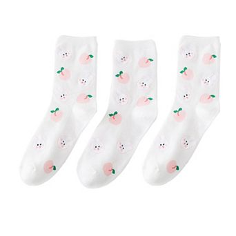 Women's 3 Pairs Socks with Cute Cartoon Fruit and Animal Patterns Soft Stretch Fabric Ribbed Cuffs
