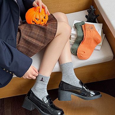 Women's 3-Pack Crew Socks with Ribbed Cuffs in Festive Halloween Design
