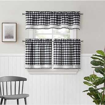 Kate Aurora 3 pc Country Farmhouse Plaid Gingham Black & White Buffalo Check Kitchen Curtain Set