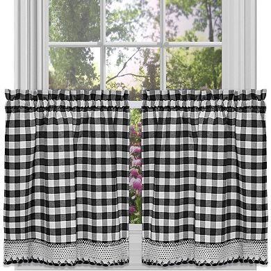 Kate Aurora 3 Piece Country Farmhouse Plaid Gingham Black & White Buffalo Check Kitchen Curtain Set