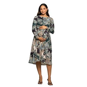 Maternity 24Seven Comfort Apparel Long Sleeve Midi Dress with Teal Paisley Floral Print