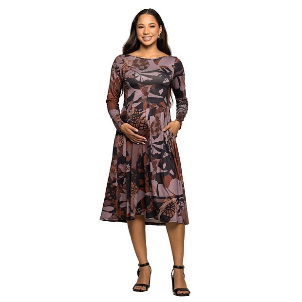knee length dresses for ladies Brown Floral Puff Sleeve Maternity Midi Dress