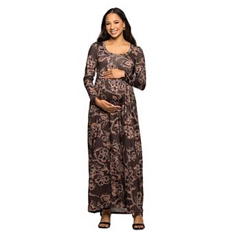 Maternity 24Seven Comfort Apparel Floral Long Sleeve Scoop Neck Maxi Dress