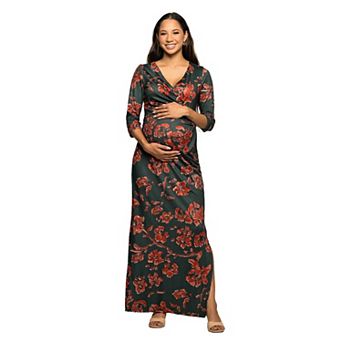 Maternity 24Seven Comfort Apparel Floral Print Three Quarter Sleeve Maxi Dress