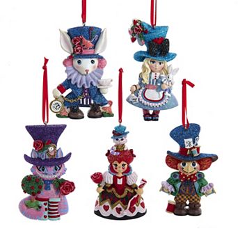 Kurt Adler Alice In Wonderland Wooden Character Christmas Ornament 5 pc Box Set