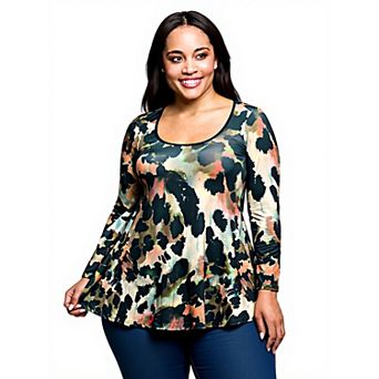 Plus Size 24Seven Comfort Apparel Multiprint Long Sleeve Scoopneck Top