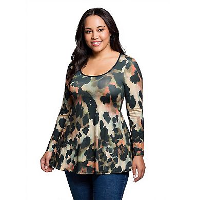 Plus Size 24Seven Comfort Apparel Multiprint Long Sleeve Scoopneck Top