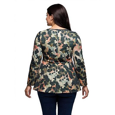 Plus Size 24Seven Comfort Apparel Multiprint Long Sleeve Scoopneck Top