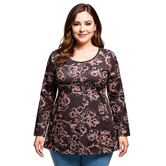 Plus Size 24Seven Comfort Apparel Floral Print Long Sleeve Tunic Top