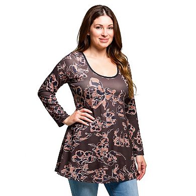 Plus Size 24Seven Comfort Apparel Floral Print Long Sleeve Tunic Top
