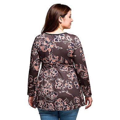 Plus Size 24Seven Comfort Apparel Floral Print Long Sleeve Tunic Top