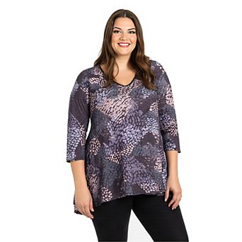 Plus Size 24Seven Comfort Apparel Abstract Print V-Neck Three-Quarter Sleeve Tunic Top