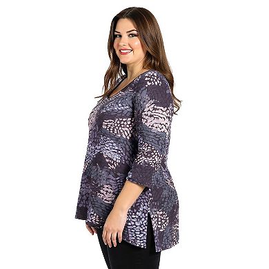 Plus Size 24Seven Comfort Apparel Abstract Print V-Neck Three-Quarter Sleeve Tunic Top