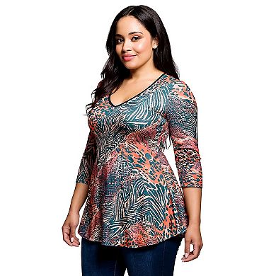 Plus Size 24Seven Comfort Apparel Animal Print V-Neck Three-Quarter Sleeve Tunic Top