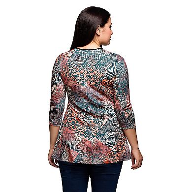 Plus Size 24Seven Comfort Apparel Animal Print V-Neck Three-Quarter Sleeve Tunic Top
