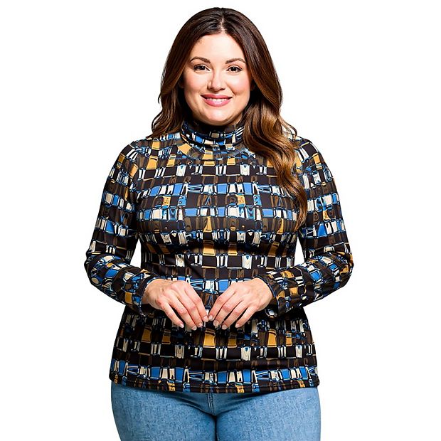Plus Size 24Seven Comfort Apparel Mock Neck Long Sleeve Printed Top