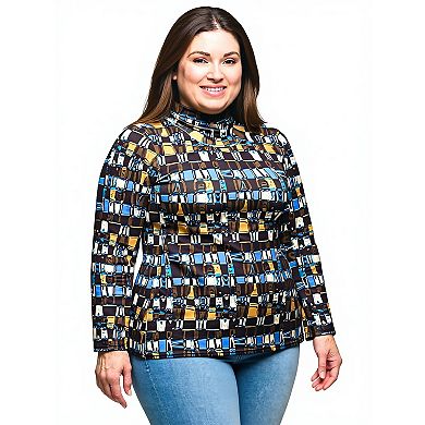 Plus Size 24Seven Comfort Apparel Mock Neck Long Sleeve Printed Top
