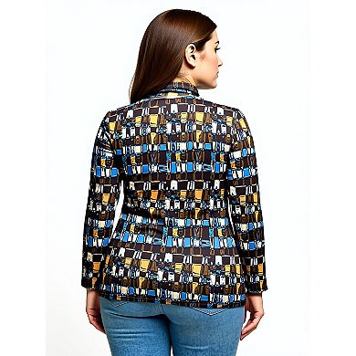 Plus Size 24Seven Comfort Apparel Mock Neck Long Sleeve Printed Top