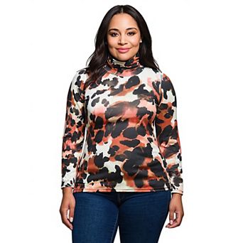 Plus Size 24Seven Comfort Apparel Animal Print Long Sleeve Turtleneck Top